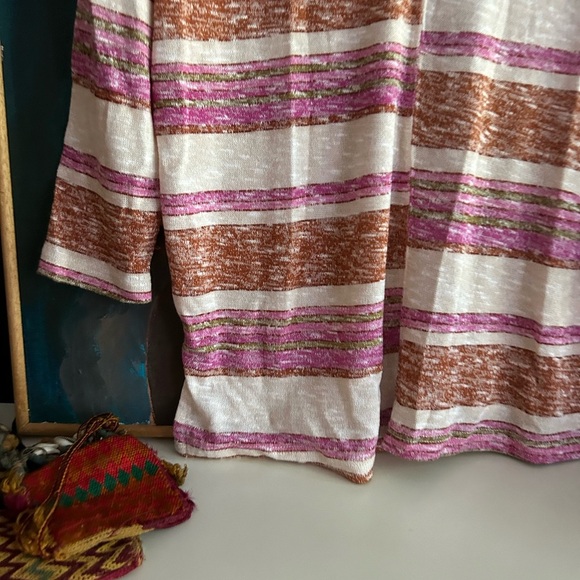 Tribal Jeans Chic Striped V-Neck Blouse in Cream, Brown, and Pink Small - Picture 5 of 16